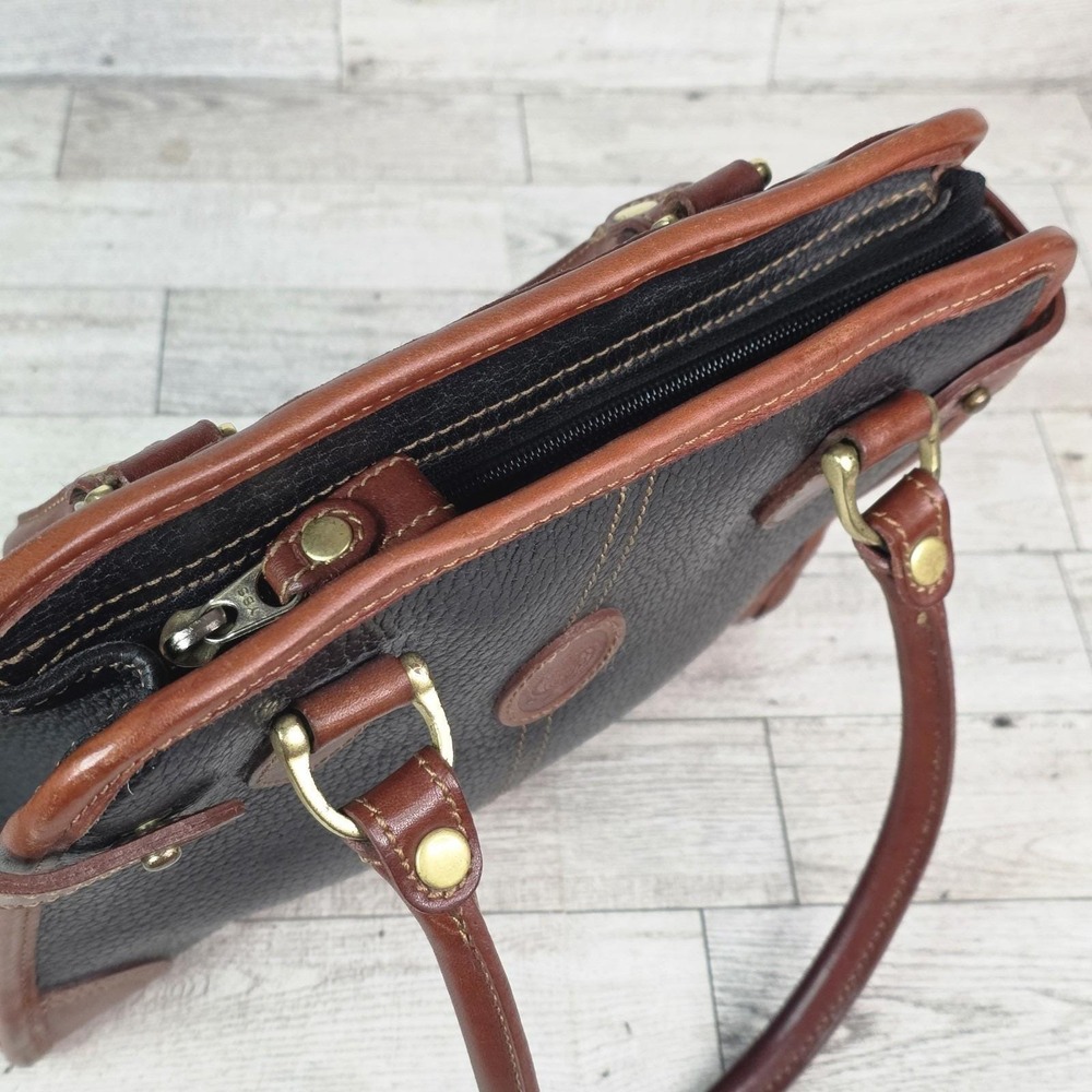 80s Vintage Liz Claiborne Genuine Leather Handbag Black Brown Trim Purse - Picture 6 of 13